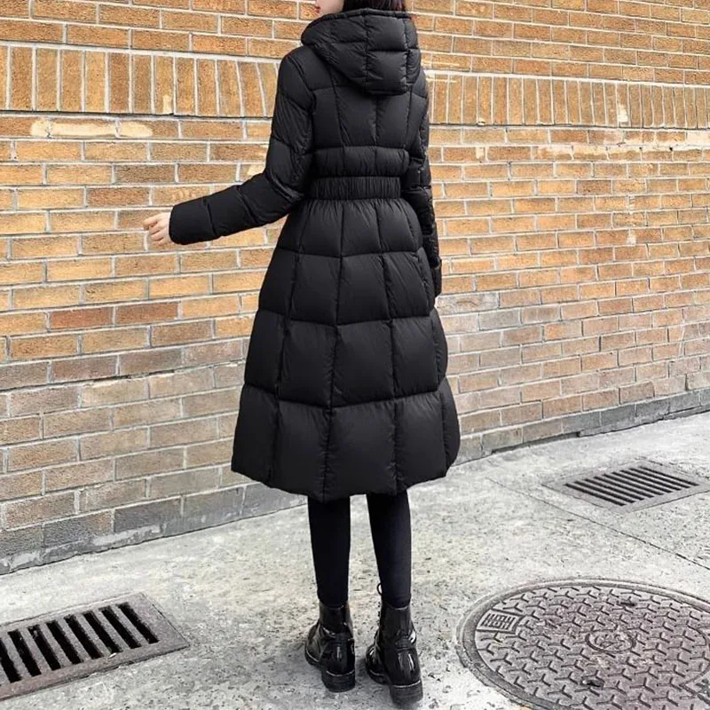 Ropa de mujer nuevo corsé de invierno negro impermeable de algodón mujeres elegante moda gruesa sudaderas con capucha Midi cintura elástica Parkas cuadradas