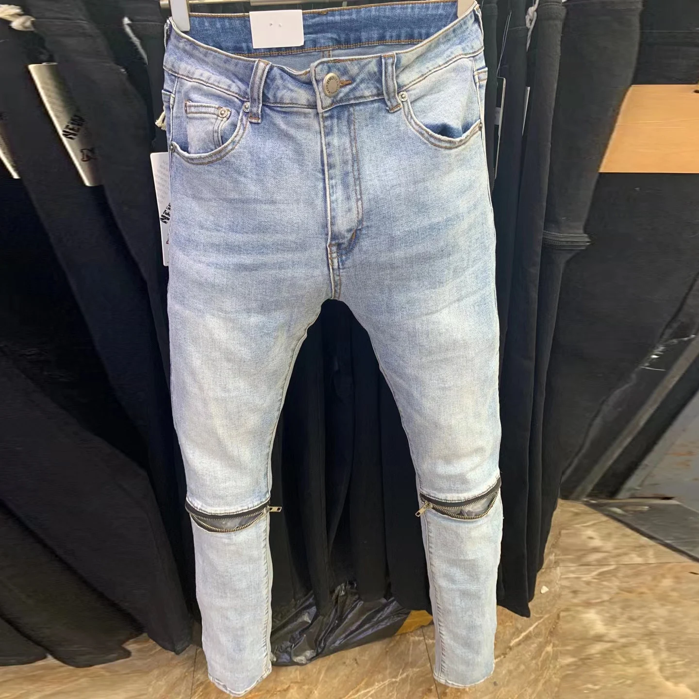 

Fashion Slim Denim Pant Stacked Jean Men Brand Versatile Personalized Jeans Homme Men Knee Zipper Hole Spijkerbroeken Heren