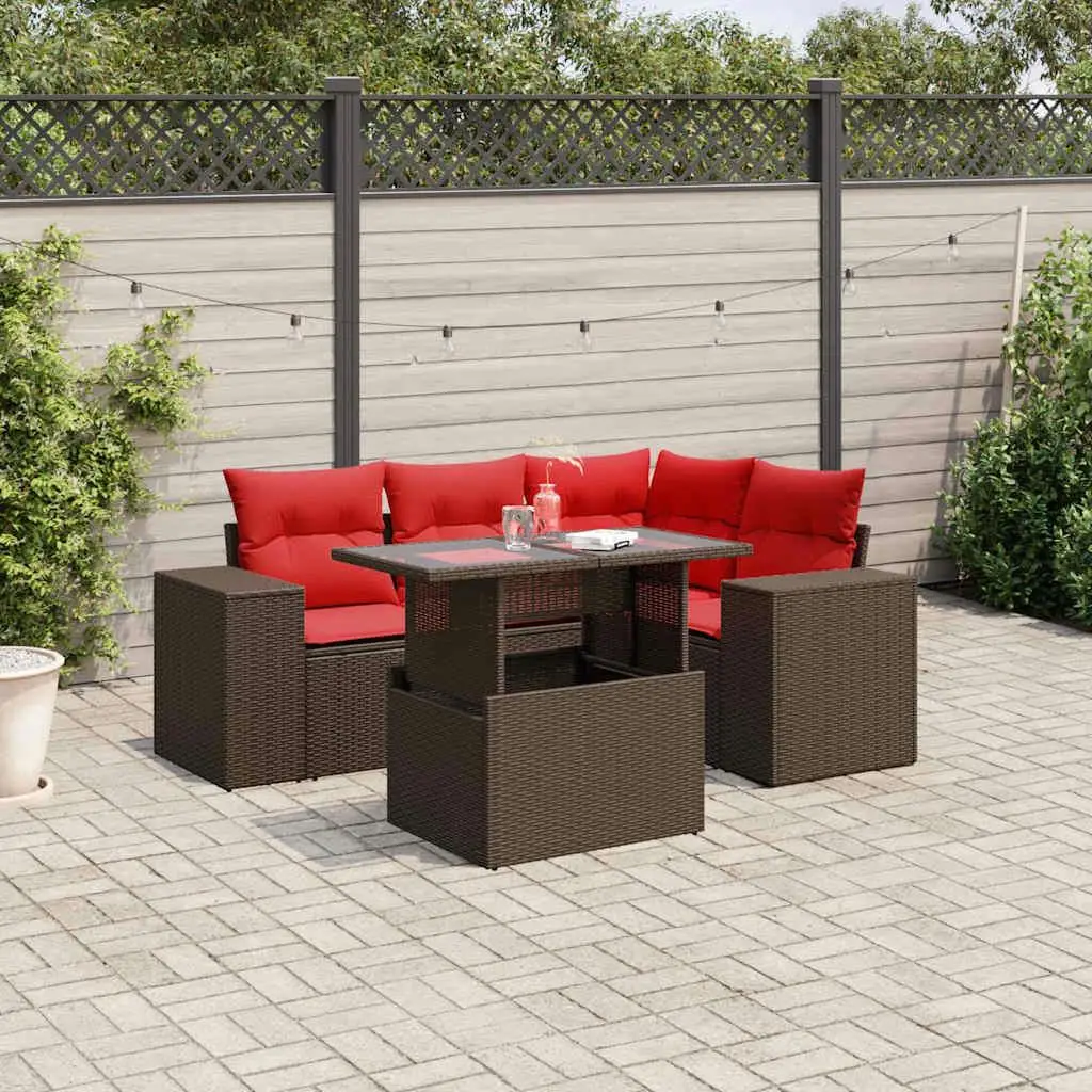 

5 Piece Outdoor Rattan Sofa Set with Comfortable Cushions in Brown Durable Garden Furniture