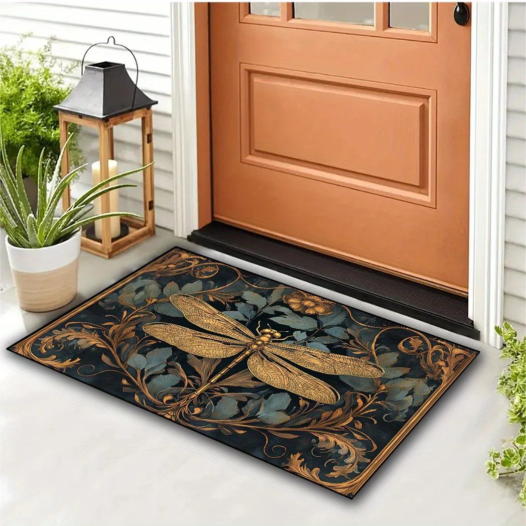 VIKAMA Vintage Golden Dragonfly Oil Painting Doormat Luxury Floral Non Slip Front Door Entrance Floor Mat
