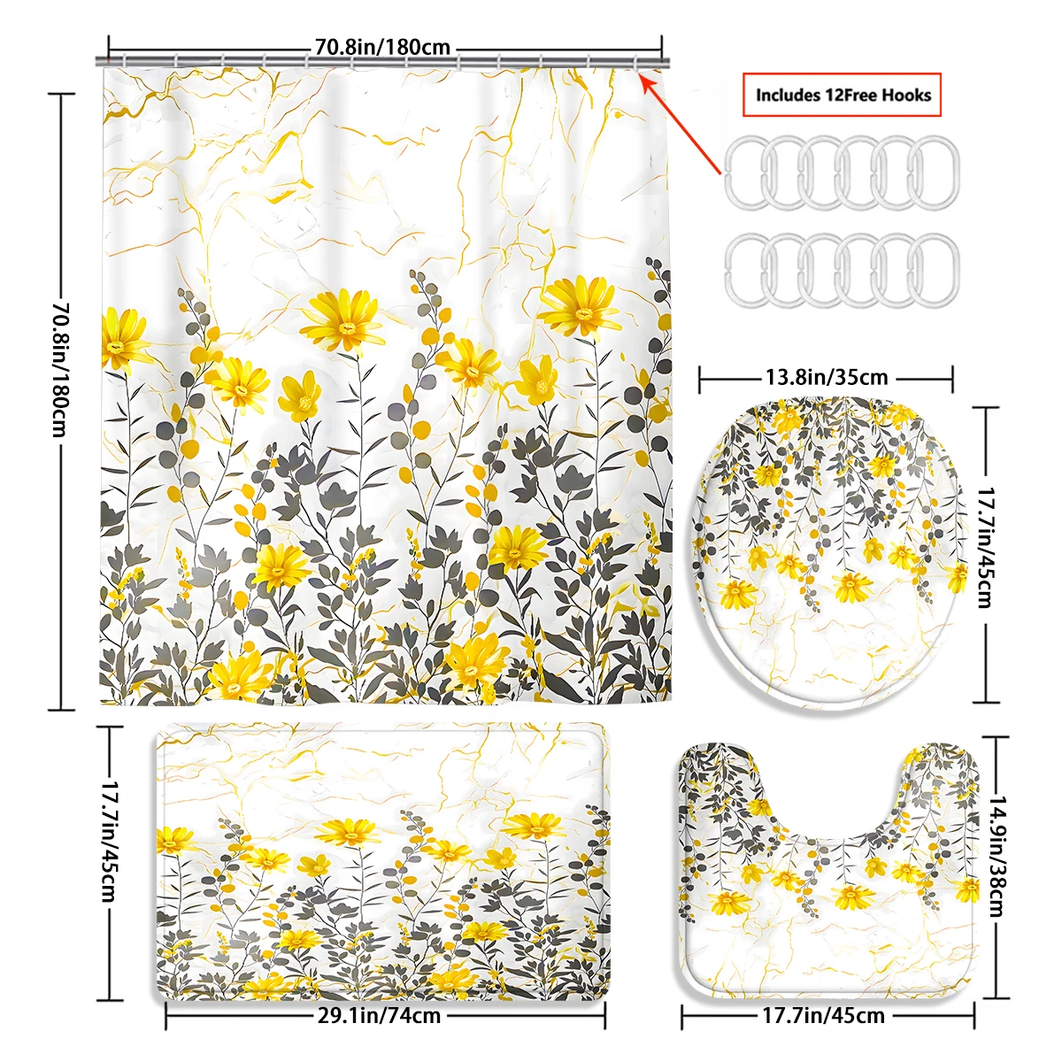 1/4 piece flower simple pattern waterproof shower curtain or waterproof anti-slip shower curtain set, 12 free hooks