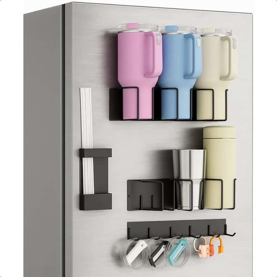 

Strong Magnetic Cup Holder for Fridge Fits 40 30 20 oz More NoDrill Tumbler Organizer with Lid Straw Storage Kitchen RV Space