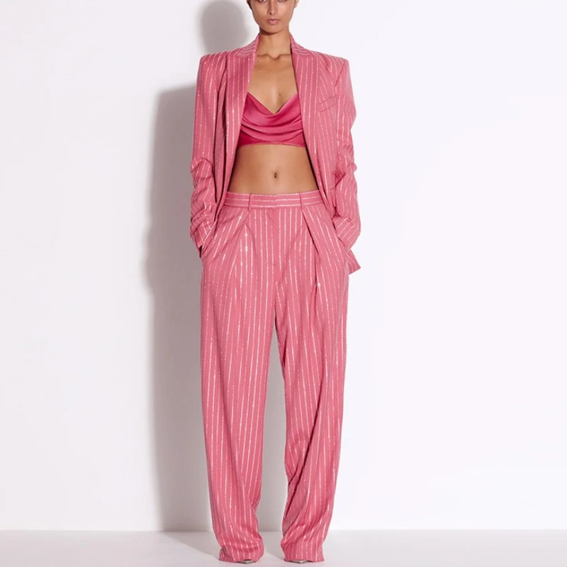 Luxury High Quality Diamond Blazer Pants Suit Two-Piece Set Women Outfit Design Clothing Lapel Blazer Wide-Leg Pants Sets Trend