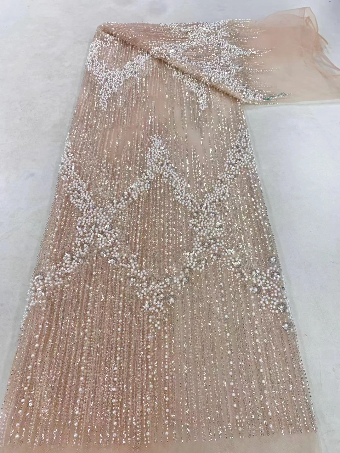 African Groom Sequined Lace Fabrics High Quality French Tulle Tube Beads Mesh Lace Fabrics Wedding Dress Material Sewing Zx