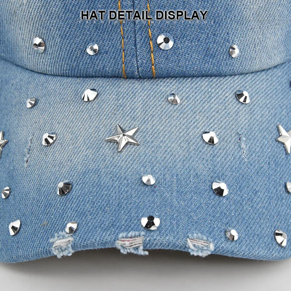 Denim Baseball Cap Women Washed Hat Vintage Rivet Star Sunshade Snapback Hats For Women Men Couple Summer Sun Hat Outdoor Casual