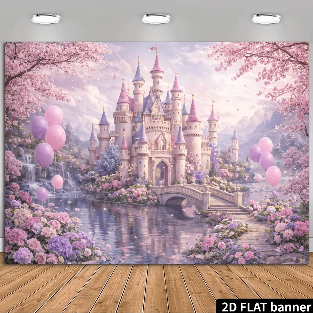 2D Flat - - Fantasy-Themed Party Background Featuring A Pink Castle Theme Paired With Pink And Purple Balloons Cherry Blossoms C
