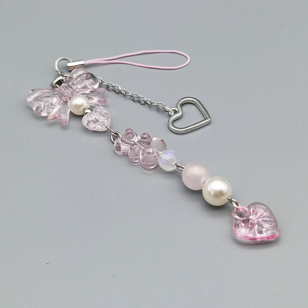 Y2K الوردي اللؤلؤ القلب الخرز الهاتف سحر حزام المفاتيح الحبل مكافحة فقدان جراب هاتف قلادة فتاة امرأة Keycord