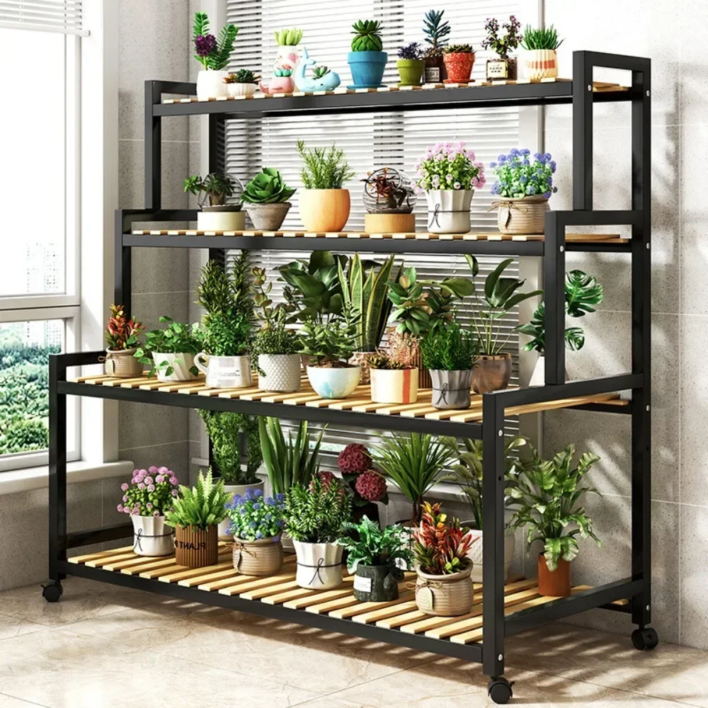 Iron Flower Rack With Wheels Mobile Plant Shelf Multi-Layer Pulley Floor Standing Indoor Adjustable Succulent Flower Pot Rack