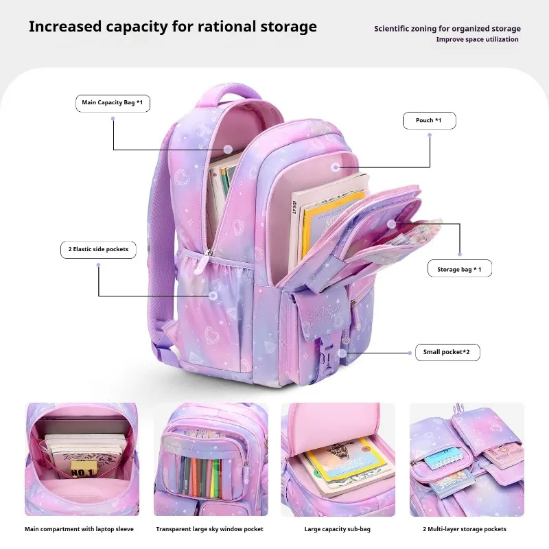 Gradient Colour Kids Rucksack Primary Middle School Students Schoolbag Girls Cute Backpack Large Book Bag Waterproof Daypack