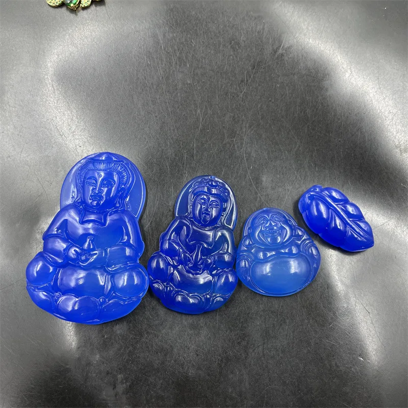 Cheap Jade Natural Genuine Goods Blue Chalcedony Large Avalokitesvara Pendant Blue Agate Maitreya Pendant Small Leaves