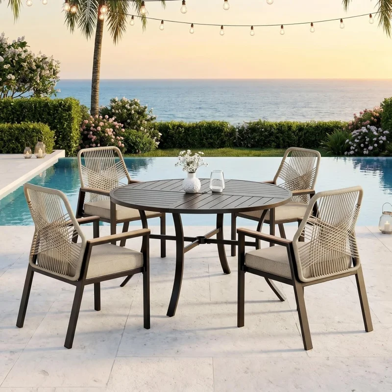 

5-Piece Rattan Patio Dining Set, 4 Waterproof Cushion Chairs & 42 Metal Round Table with Hole, Beige Backyard/Deck