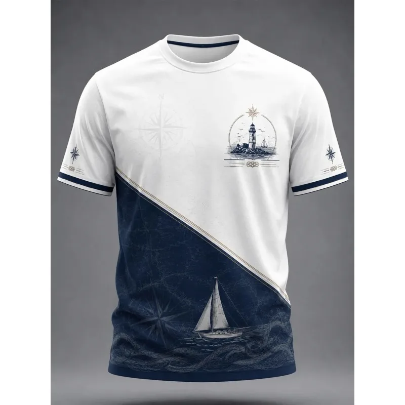 3D Print French Nautical Lighthouse Sailboat Graphic T-Shirt Unisex White Navy France Coastal Art Short Sleeve Casual Summer Top