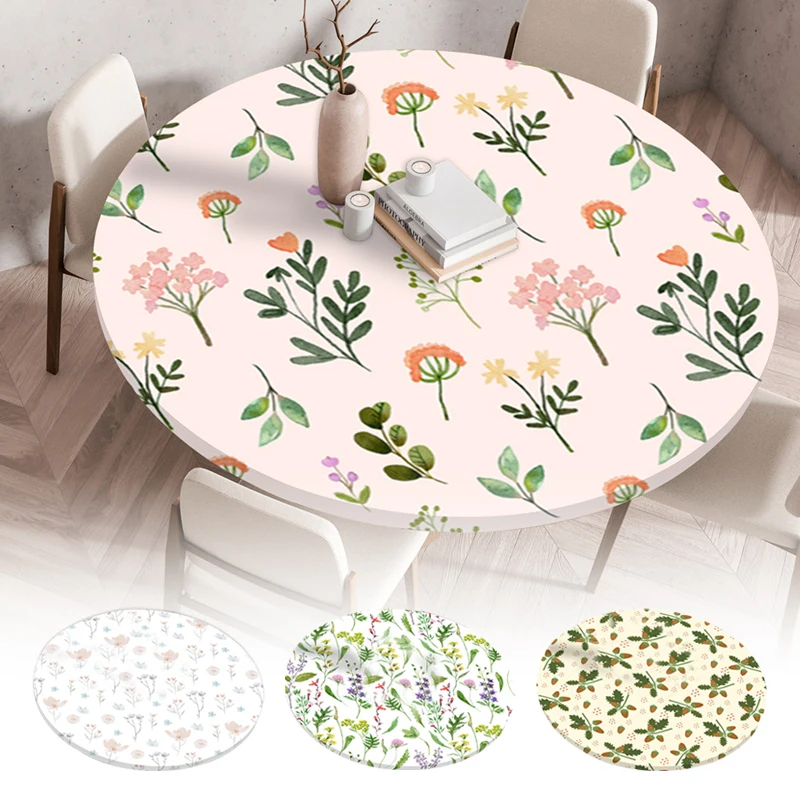 

Round Table Cover Waterproof Dustproof Plant Printing Elastic Band Tablecloth Wedding Party Table Cover Kitchen Dining Decor