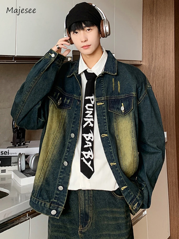 Denim Jackets Men Gradient Color American Style High Street Teenagers Autumn Vintage Chic Baggy Handsome Males Overcoats Daily