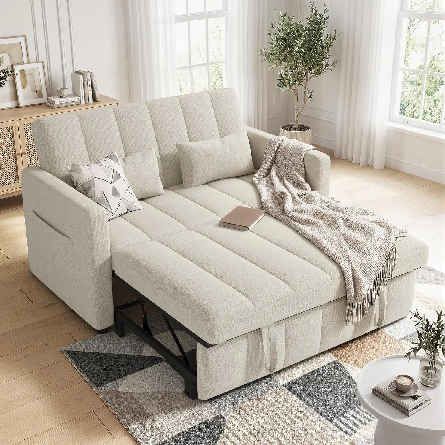 Convertible Sofa Bed 3-in-1, Pull Out Sleeper Couch with Adjustable Backrest, Loveseat Sofa with Side Storage, Customized