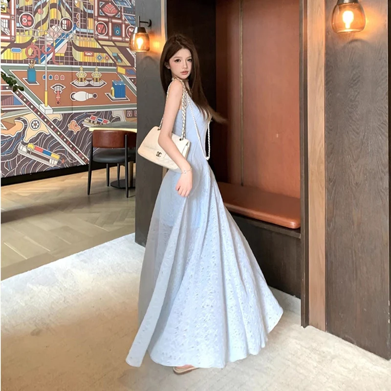 Damen Neues Weiches Blaues Elegantes Ärmelloses Maxikleid Vielseitiges Schlankes Kleid mit Transparentem Saum Modisches Strand- und Partykleid