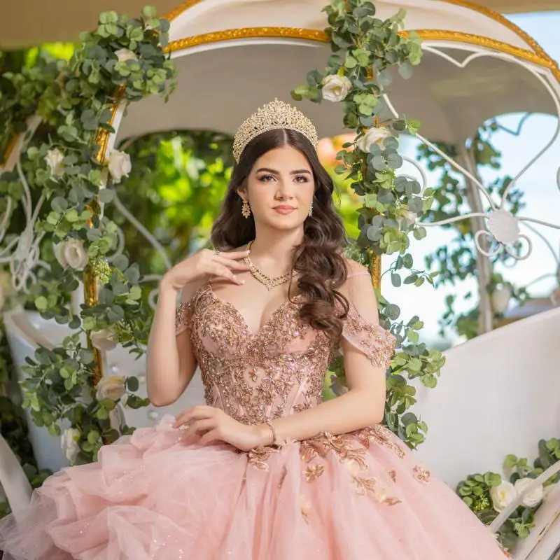 Customized Shiny Pink Off Shoulder Quinceanera Dres Tull sequin applique Lace beads vestidos de 15 Quinceanera ﻿