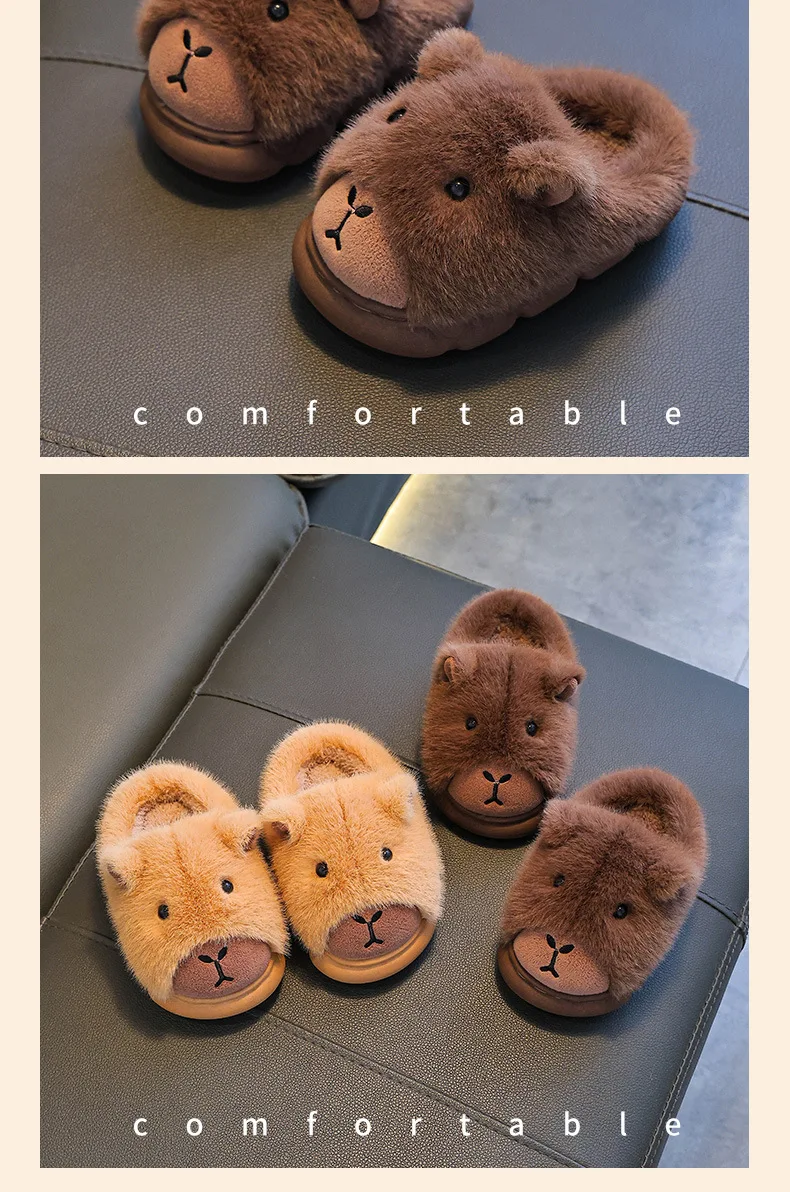 Capybara Kinder Hausschuhe Niedliche Flauschige Winter 2025, Indoor Hause Baumwolle Schuhe Frau Warme Bequeme Cartoon Plüsch Boden Schuhe – Detail 10