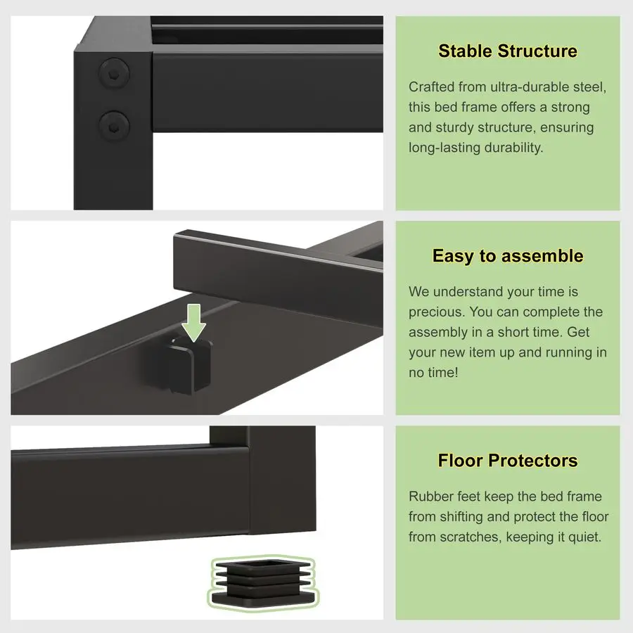 Estrutura de Cama de 12 Polegadas, Plataforma de Metal Resistente, Sem Necessidade de Box Spring, Montagem Fácil, Silenciosa, Preta