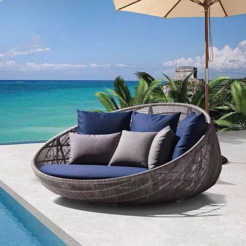 Outdoor sofa bed balcony garden living room rattan table and chair leisure combination courtyard round bed