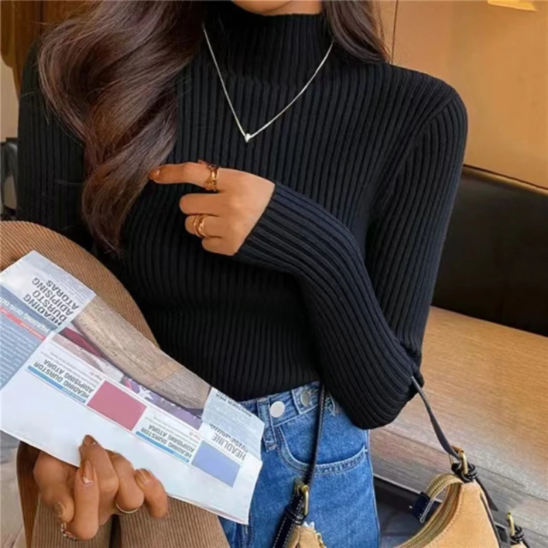 Turtleneck Sweater Women Long Sleeve, Casual Slim Pullover Korean Fashion Simple Chic Clothes Elegant Solid Basic Knitted Tops