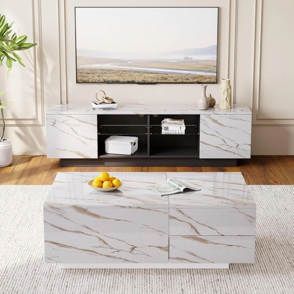 LED Coffee Table, 43" UV High Gloss Modern Center Table with 2 Drawers & Hidden Storage Compartment & Open Compartments, Extenda