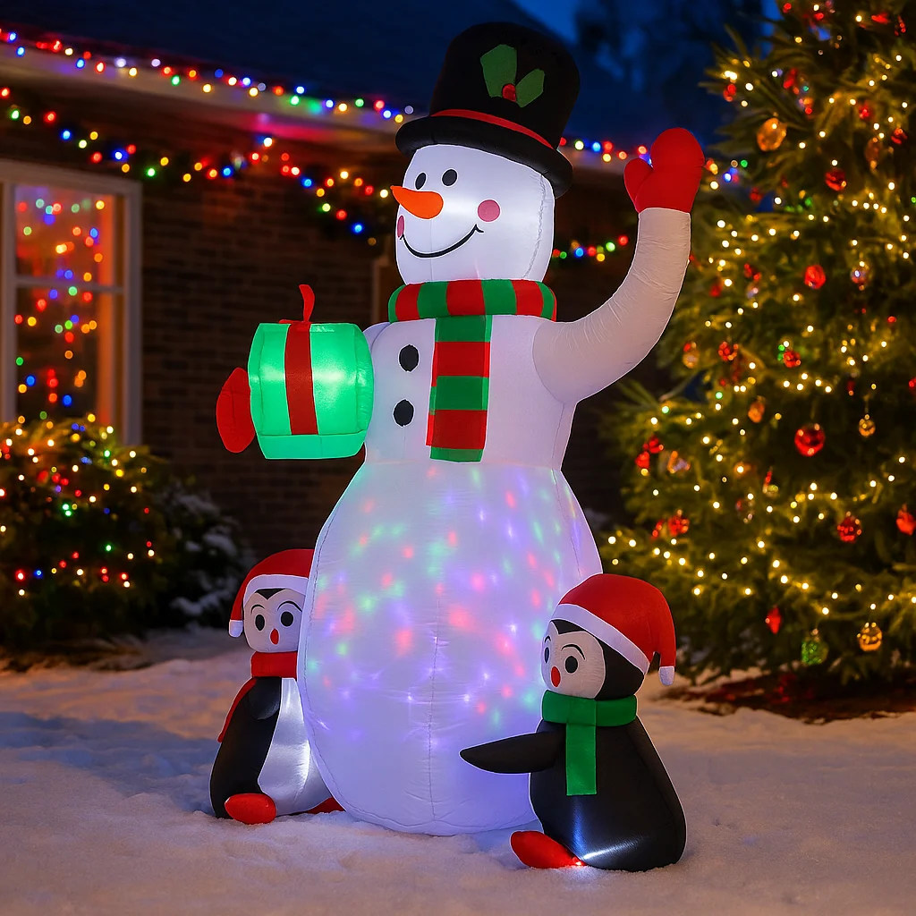 6FT Christmas Decorations Inflatable Snowman Penguin Holding Cup Toys Home Yard Ornaments with LED Lights Outdoor Indoor Party