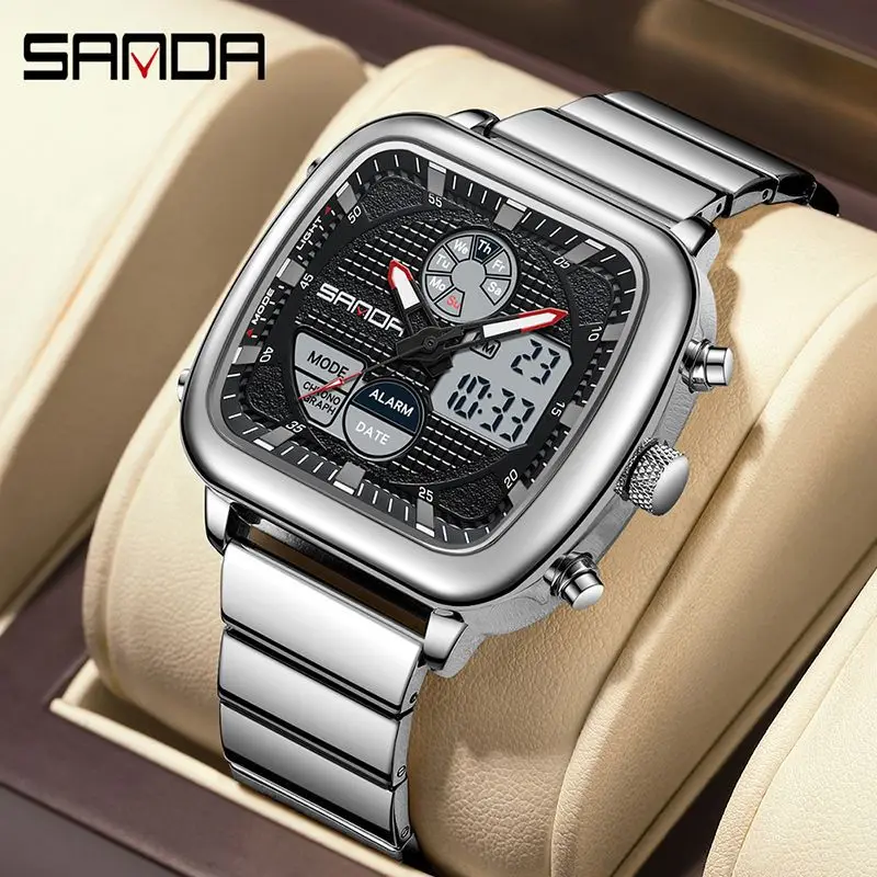 

SANDA Classic Men's Quartz Electronic Watch Dual Movement Waterproof Night Light stopwatch Alarm Clock Square Men's Watch