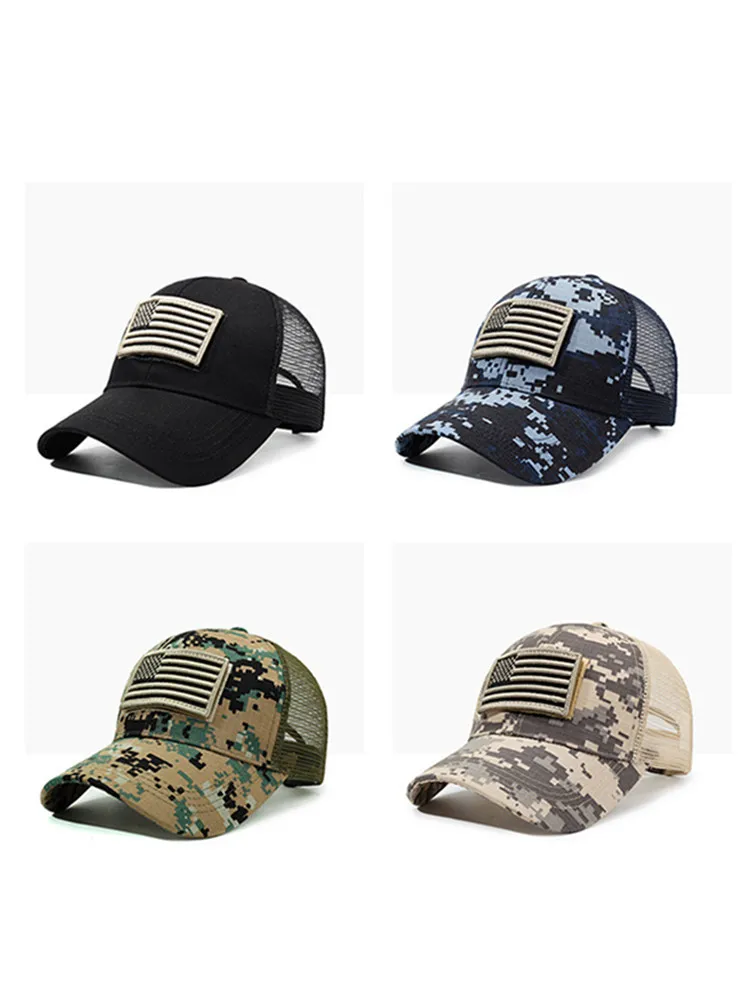 Outdoor-Trucker-Kappe für Herren mit gesticktem Flaggen-Tarnpflaster und Klettverschluss – Detail 3