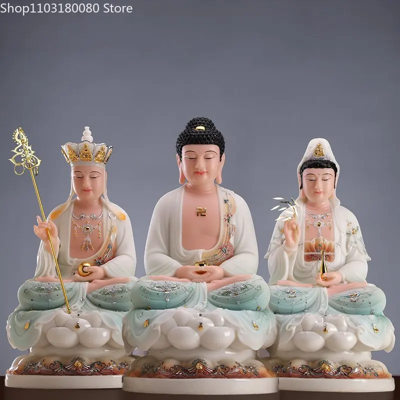 White marble Color painted Ksitigarbha Shakyamuni Buddha statue Guanyin  Kwan-yin goddess statue Three Sages of Saga  statue