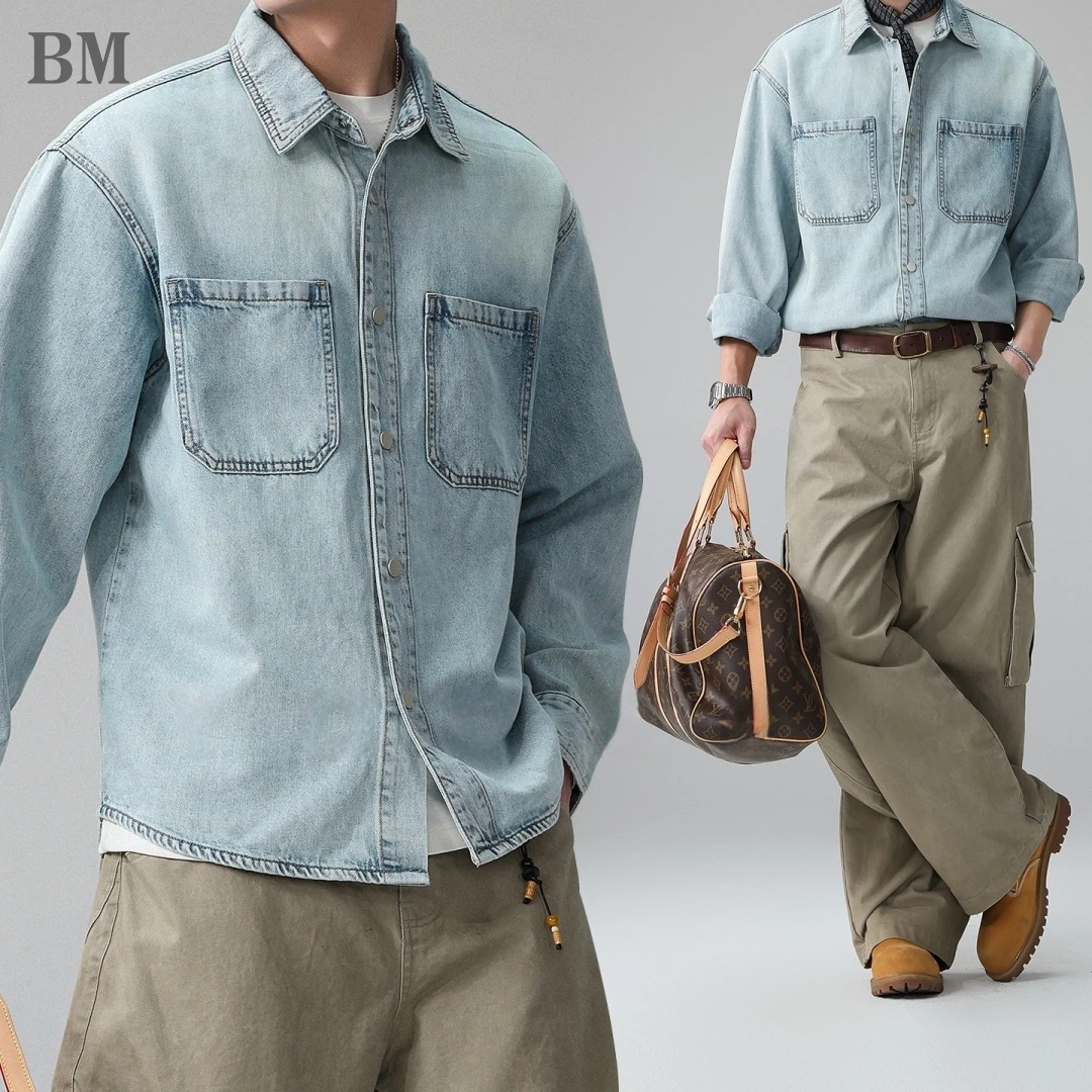Herren American Vintage Washed Blue Denim Hemdjacke Oversized Langarm Frühling Streetwear Lässiger Mantel Herren Arbeitskleidung Trendy