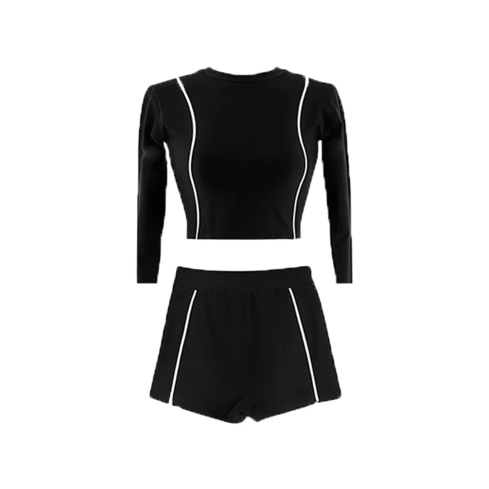 

Patchwork Design Women's Swimming Suit High Waisted With Shorts Long Sleeve Swimwear Sunscreen Fabric Slimming Fit Beachwear