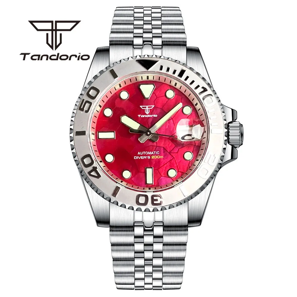 Tandorio NH35A Fashion Red Mother of Pearl Dial Luminous 40mm 20Bar Men\'s Automatic Dive Watch 120-Click Bezel Sapphire Crystal