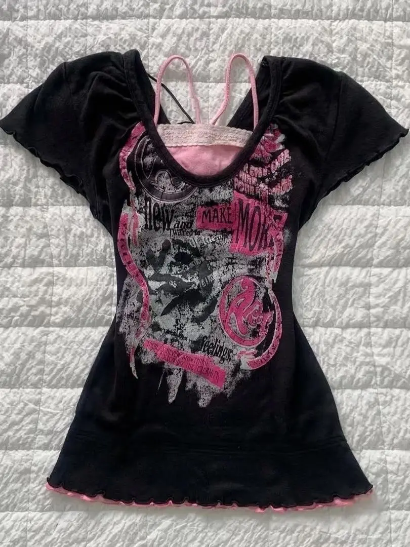 Camiseta Retro americana Vintage Y2K con estampado de dibujo, camiseta lisa de manga corta con lazo, ropa de calle ajustada, ropa de mujer