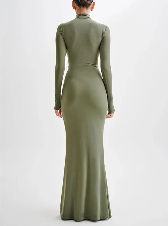 Women's Fashion Long Sleeve Dress Hollow Pleated Evening Gown Sexy Wrap Hip Dresses