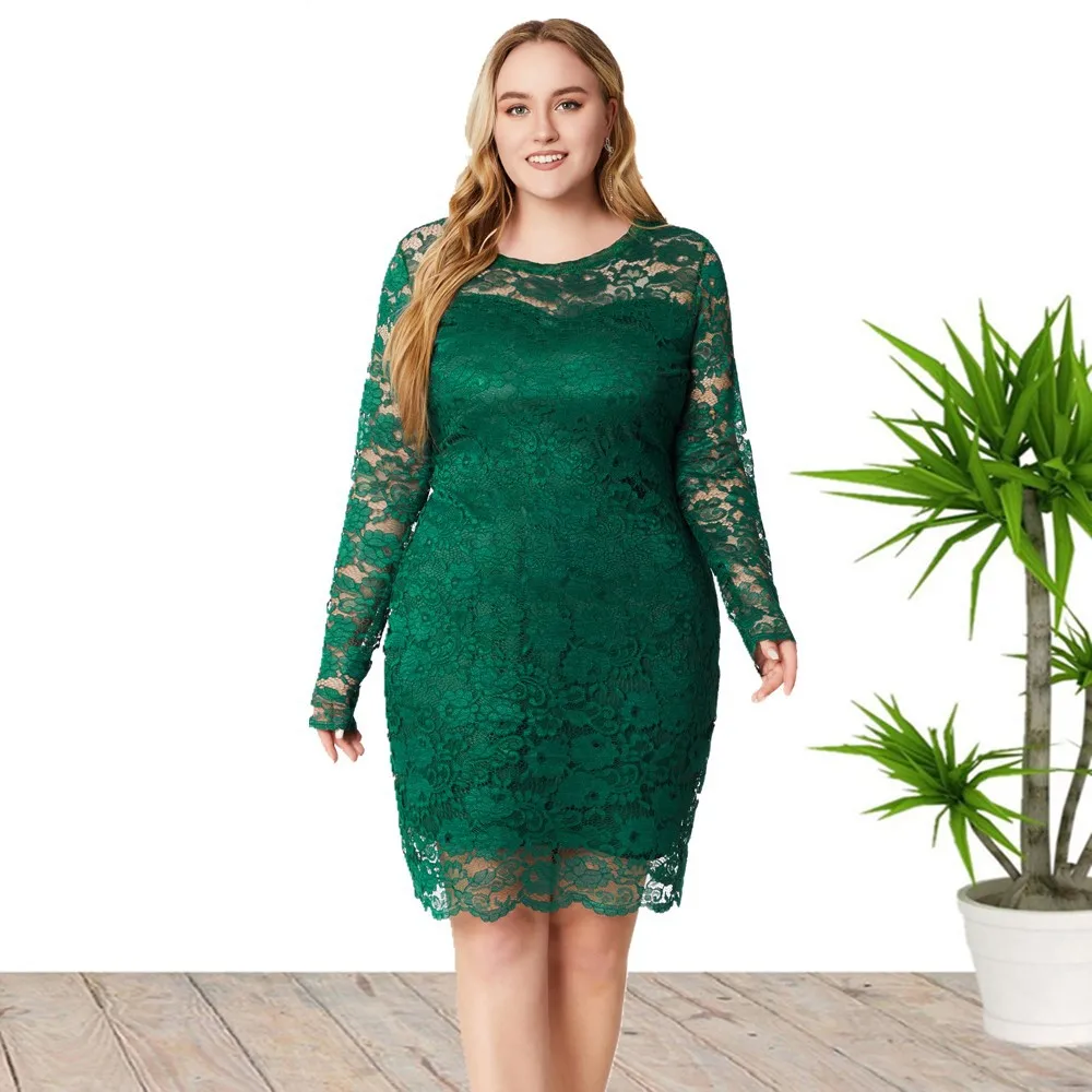 

2023 New Hot Sale European And American Style Plus Size V-Neck Evening Dress Hollowed Out Lace Dress For Women