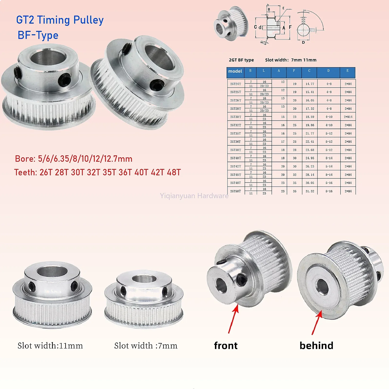 Yiqianyuan GT2 Timing Pulley 26T-48T Teeth Bore 5-12.7mm Belt Width 6/10mm Synchronous Wheel for 3D Printer