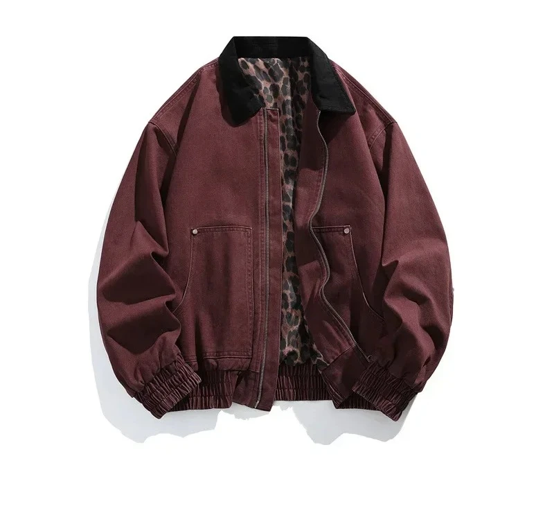 

Men's Vintage Cotton Jacket Collar Denim Coat Leopard Print Detroit Trucker Jacket Spring Autumn Leather Bomber Outerwear