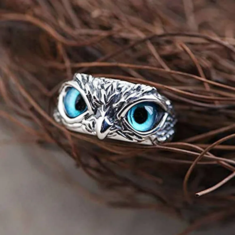 Vintage Blue Eye Owl Ring Adjustable Size Animal Ring Men Women Punk Jewelry Gift