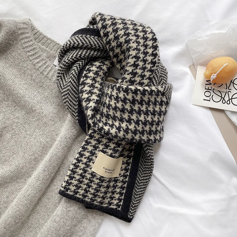 Scarf Houndstooth Knit Acrylic Warm Oversize Long Winter Fall Unisex Students School Korean Versatile Cozy Soft Premium