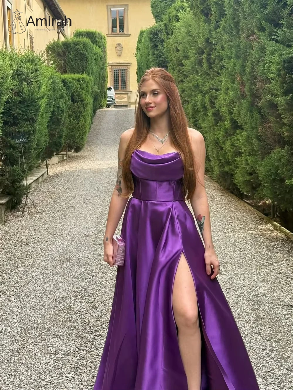 Amirah op maat gemaakte luxe damesavondjurken vrouw elegante luxe dames elegante feestjurk zijsplit A-lijn satijn