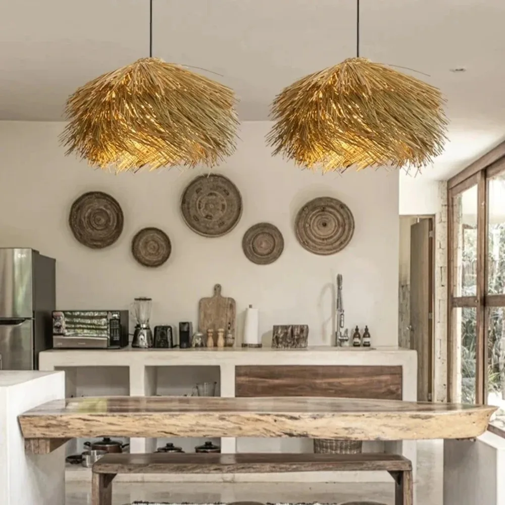 Rattan Hand Woven Pendant Lights for Ceiling Shop Bar Grass Japan Hanging Lamp Living Room Chandelier Loft Room Decor Lustre LED