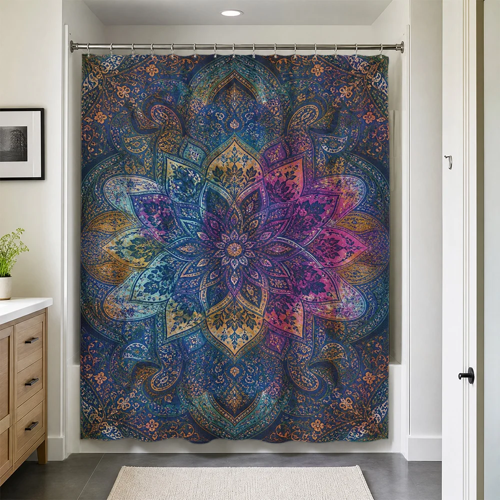 Waterproof Bohemian Mandala Pattern Shower Curtain Liner Bathroom Decor Tapestry Boho Watercolor Style Curtain for Master Bath S