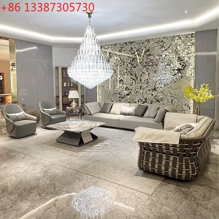 

Italian light luxury leather stainless steel sofa post-modern simple sofa