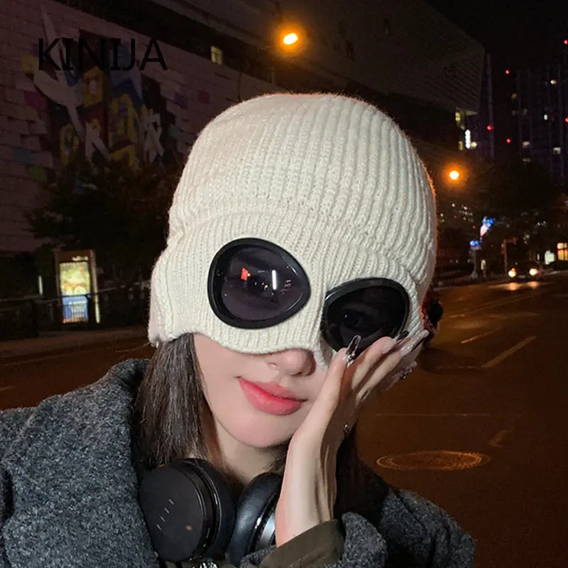 Pilot Glasses Knitted Hats for Women In Winter Outdoor Street Multipurpose Plush Warm Coldproof with Brim Beanies for Men Caps