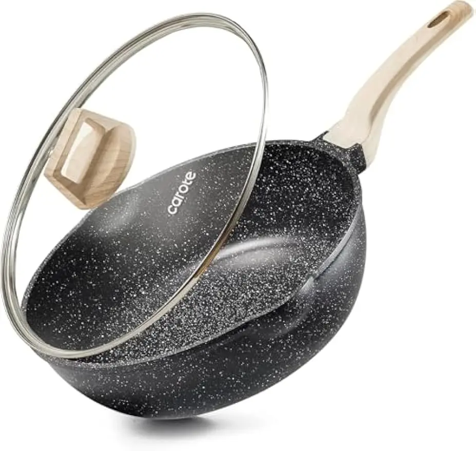 

10-дюймовая глубокая сковорода с антипригарным покрытием и крышкой, индукционная посуда емкостью 4,5 кварты, гранитная поверхность без PFOA