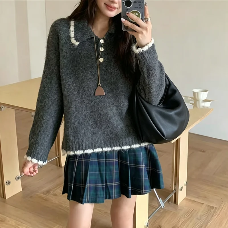 Contrast Trim POLO Collar Knit Sweater Women Autumn Korean Style Loose Button Pullover Female Soft Comfort Long Sleeve Sweater