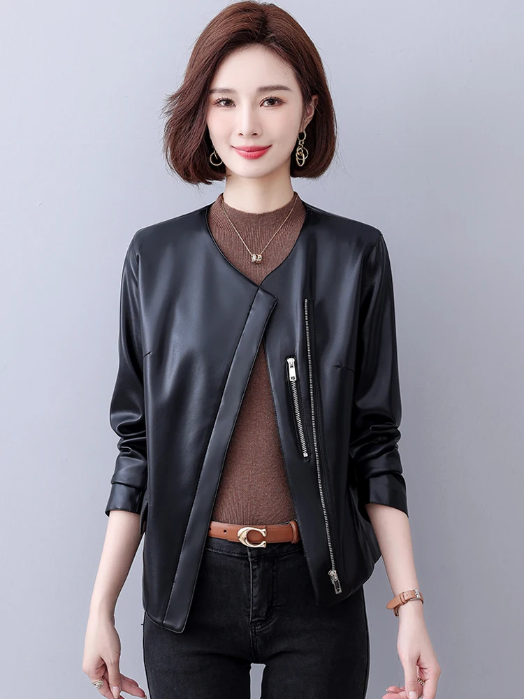 แฟชั่นไม่สม่ําเสมอซิป Sheepskin แจ็คเก็ตผู้หญิงลําลองแขนยาว Slim สุภาพสตรี Chic แยกเสื้อแจ็คเก็ตหนัง