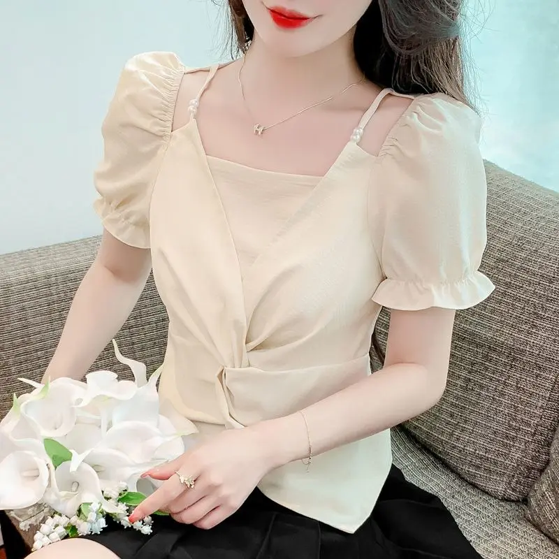 Women Short Sleeve Blouses New Summer Korean Style Trendy Simple Folds Design Elegant Slim Tender Sexy All-match Pure Color Ins