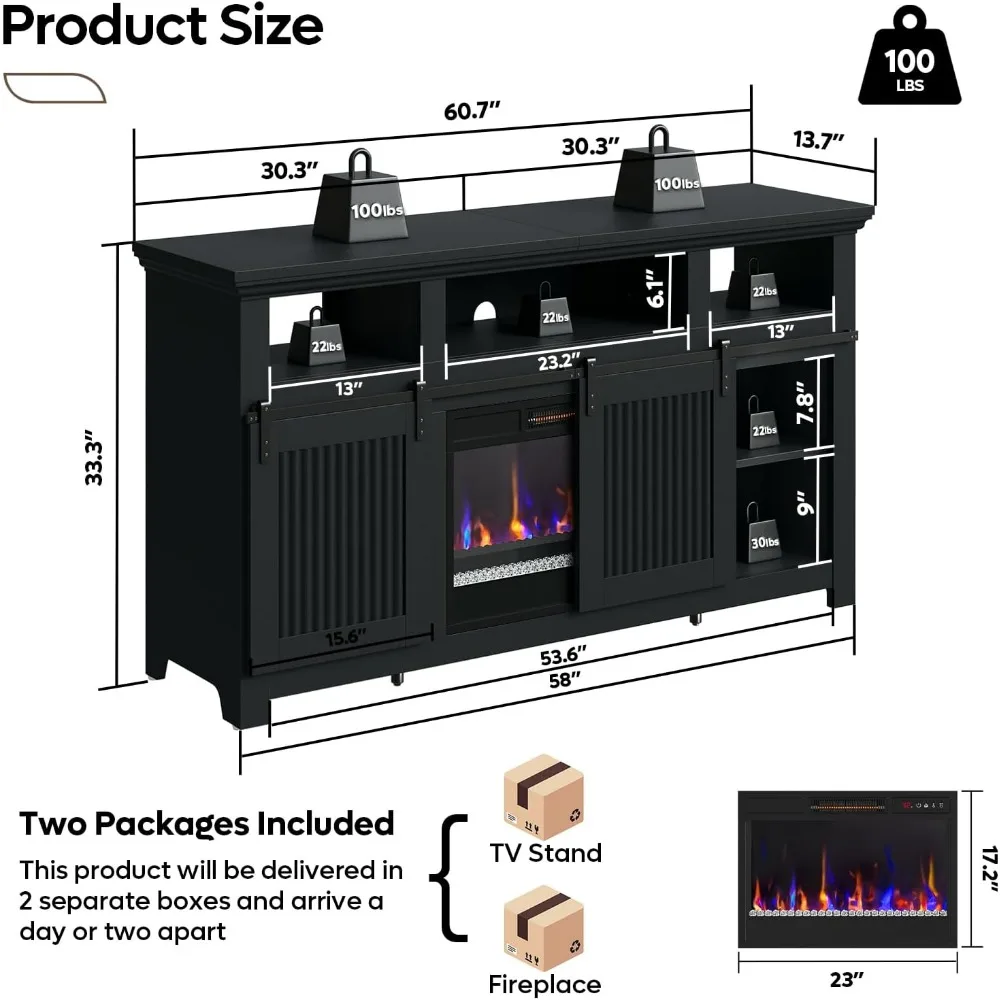 Suporte de TV com lareira elétrica estilo fazenda para TVs de 65 polegadas, centro de entretenimento com design de porta deslizante de celeiro